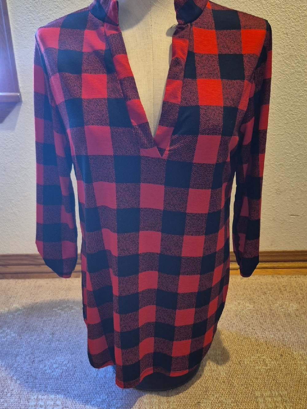 Red and Black Buffalo Plaid V-Neck Women's Blouse